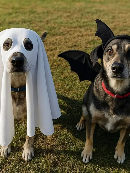Two dogs imagined as a ghost and a bat for Howl-aween