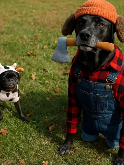A lab imagined as Paul Bunyan with a pug as Babe the ox