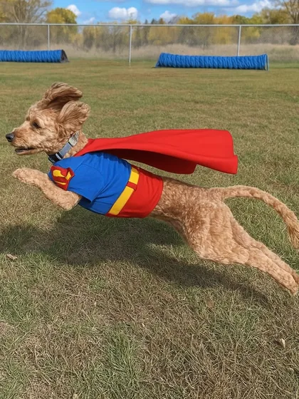 A doodle imagined as a flying superhero with a red cape