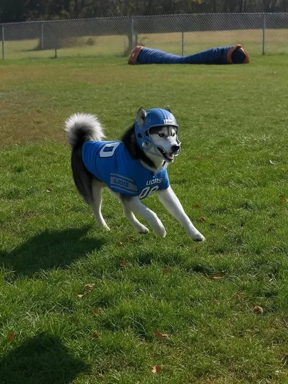 A husky imagined in a Detroit Lions uniform sprinting across the yard