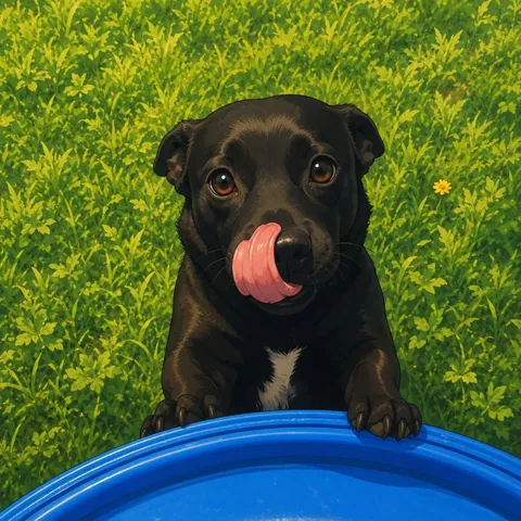 PupToon cartoon of a black lab licking its nose with both paws up on the blue barrel