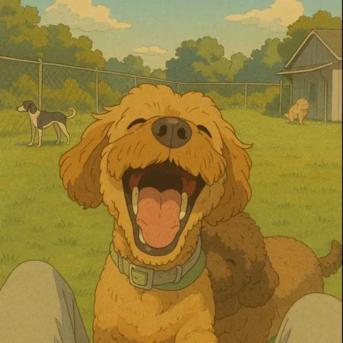 PupToon cartoon of a golden doodle mid-laugh in the play yard
