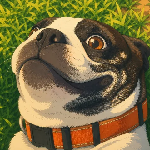 PupToon cartoon portrait of a Boston terrier looking up with a big grin