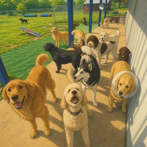 PupToon cartoon of the crew by the wall, including one very brave golden in a cone