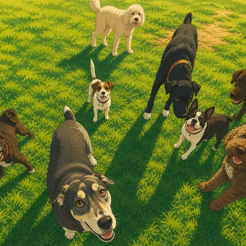 PupToon cartoon of recess seen from above, the whole yard full of friends