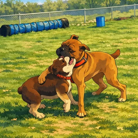 PupToon cartoon of two boxer friends wrestling on the spring grass by the agility tunnel