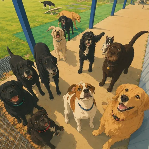 PupToon cartoon of the porch crew, a dozen dogs looking up at the camera