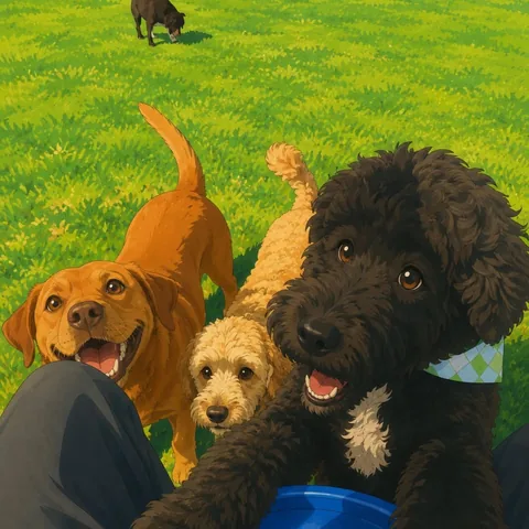PupToon cartoon of a doodle puppy offering a blue toy, painted from the dog's point of view photo