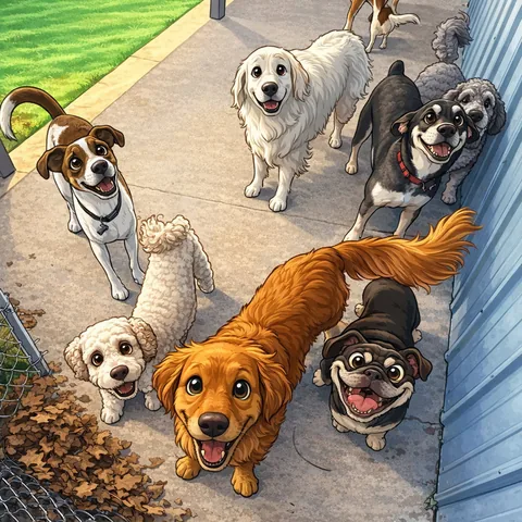 PupToon cartoon of the welcome squad trotting up the walkway